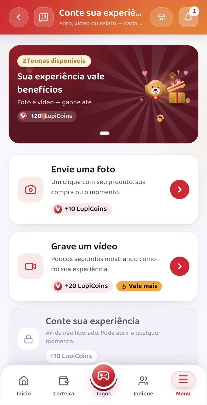 Tela real de experiências: o cliente envia uma foto, um vídeo ou um relato sobre a compra e recebe moedas do clube como recompensa.