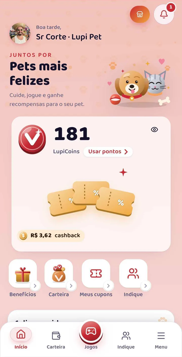 Tela real do clube de outra marca, com cores, moeda e ilustrações próprias: saldo de 181 moedas do clube, R$ 3,62 de cashback e atalhos.