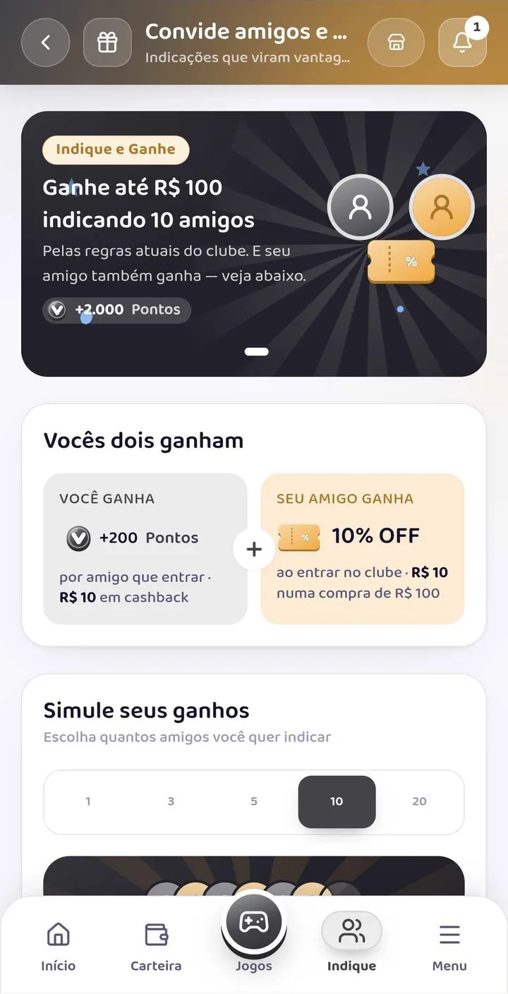 Tela real de indicação: convite para indicar amigos, recompensa para quem indica e para o amigo indicado e simulador de ganhos por quantidade de indicações.